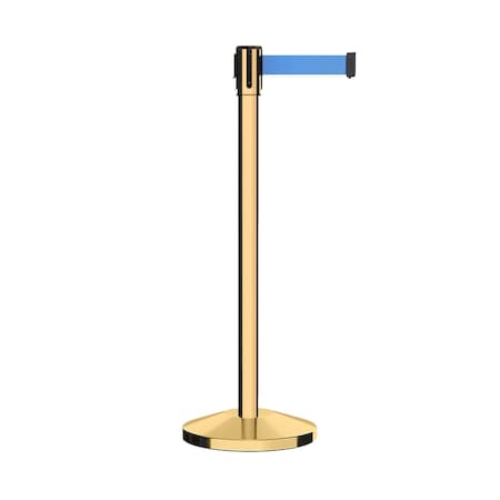 Retractable Belt Barrier Stanchion, 2 Pol.Brass Post  11' Lt Blu Belt